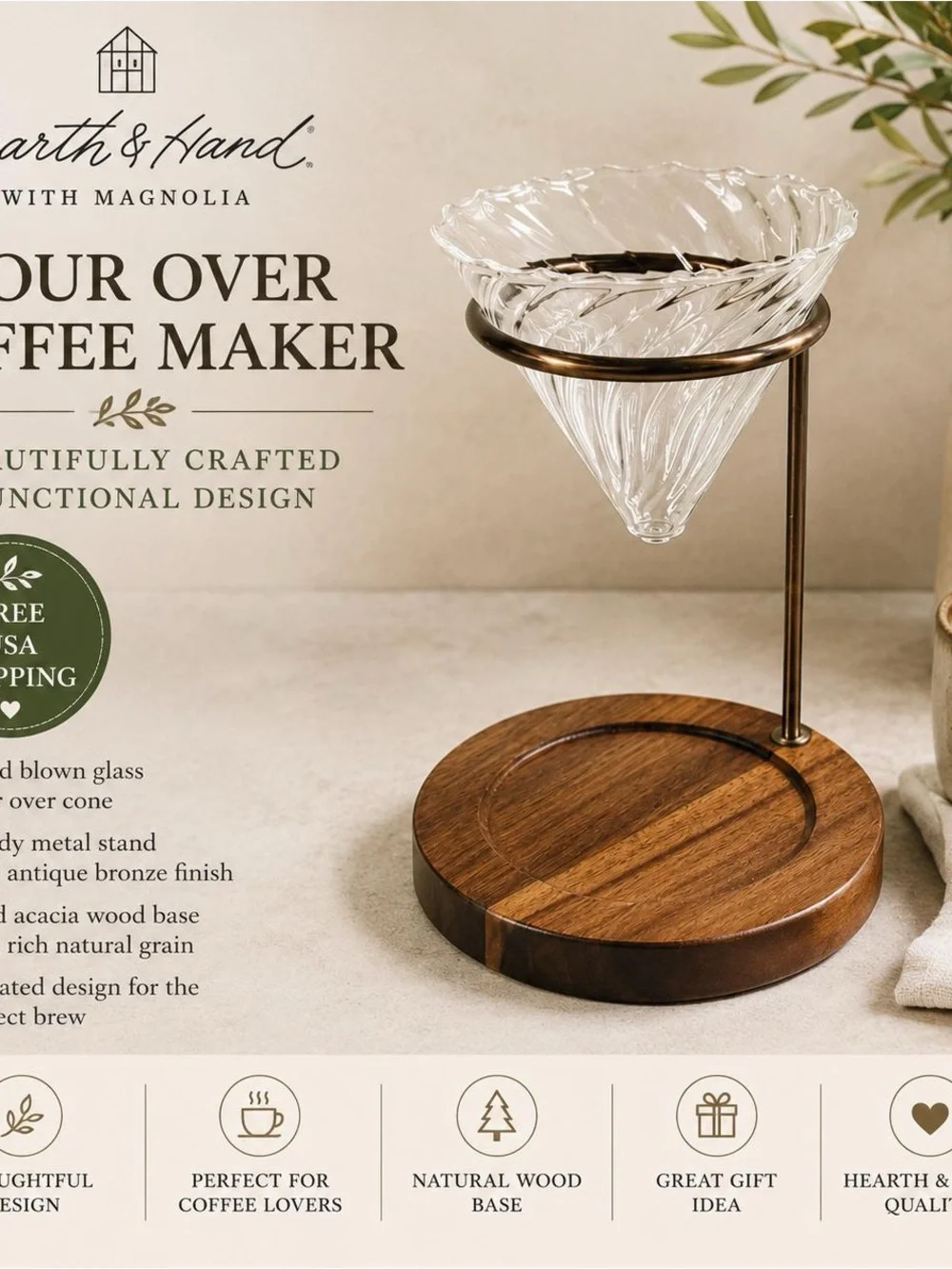 Hearth & Hand Glass Pour-Over Coffee Stand with Wood Base - Clear and Brown